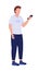 Young man with phone semi flat color vector character
