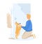Young man play with his dog who gives him a paw near the door at home, isolated on white vector illustration flat