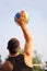 Young man playing beach volleyball