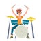 Young man playing drum set. Drummer, musician. Vector illustration, on white background.