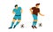 Young Man Playing Football or Soccer Moving the Ball Running Around Pitch Scoring Goals Vector Set