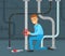 Young Man Plumber Wearing Blue Overall Fixing Tubes and Pipe Lines Vector Illustration