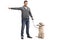 Young man pointing with his hand and a labrador retriever dog wi