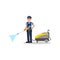 Young man posing with jet cleaning machine. Professional cleaner at work. Smiling guy in working uniform. Flat vector