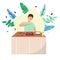 Young man preparing juicy slice of meat home in the kitchen. Flat design illustration.
