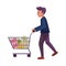 Young Man Pulling Cart with Shopping Items Vector Illustration