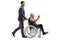 Young man pushing an man in leather vest making a rock and roll hand sign in a wheelchair