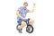 Young man with raised fist riding a small bike