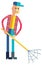 Young man with rake working. Gardening, planting, cleaning. Raster clip art.