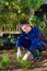 Young man raking soil near parsley