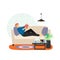 Young man reading book lying on sofa, flat vector illustration. Hobbies and leisure activity, education.
