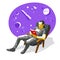 Young man reading fantastic book about space travel vector illustration isolated, fiction literature about fantastic cosmos