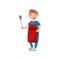 Young man in red apron with spatula, man cooking a barbecue cartoon vector Illustration
