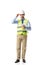 Young man in reflective vest and hard hat holding blueprints