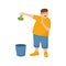 Young man refuse eating broccoli and throws it in trash can. Guy with refusing gesture, facial expression of disgust