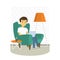 Young Man relaxing on armchair and browsing Internet . Man with laptop at home. Vector illustration.