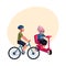 Young man riding bicycle and old woman driving modern scooter