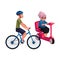 Young man riding bicycle and old woman driving modern scooter