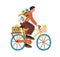 Young man riding bicycle with post boxes, parcels, flowers and envelopes in basket. Happy postman cyclist driving bike