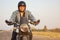 Young man riding big bike motorcycle on asphalt high way against, Motorbike man has freedom