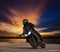 Young man riding big bike motorcycle leaning curve on asphalt hi