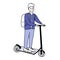 Young man riding kick scooter. Teen in blue pants and jacket standing on electric mobile vehicle. Line illustration, eco