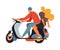 Young man riding scooter motorcycle with blond woman passenger