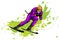 Young man riding on skis on snow, winter. Flat illustration in cartoon style.