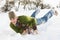 Young Man Riding On Sledge In Snowy Landscape