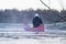 young man rowing canoe in early spring morning. lifestyle. Morning landscape, fog by the morning river and people on the