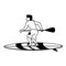 Young man with rowing on surf table isolated cartoon in black and white