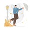 Young man runs with an umbrella in a windy autumn. Flat style vector illustration.