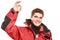 Young man sailor in red wind jacket. Sailing.