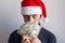 Young man with Santa hat looking at dollar bills with incredulous eyes