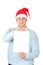 Young man in Santa\'s hat holding blank card