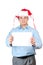Young man in santa\'s hat holding empty blank