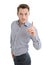 Young man shaking finger at you isolated at white background