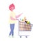 Young man with shopping cart filled food isolated design