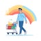 Young man shopping, pushing cart full groceries, cheerful shopper supermarket. Smiling male