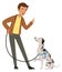 Young man shouting at dog. Cartoon dalmatian owner