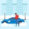 young man with a shovel cleans the car from snow. Clearing the area from snow during heavy snowfall. Flat illustration.