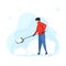 young man with a shovel cleans snow, vector. Cleaning the area from snow in a big snowfall. Flat illustration.