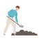 Young Man with Shovel Digging Soil or Ground in the Garden or Yard Vector Illustration