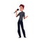 Young man singing karaoke song, holding microphone, competition, party, celebration