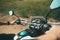 Young man sits behind the wheel of a motorcycle first-person view