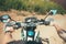 Young man sits behind the wheel of a motorcycle first-person view