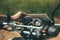 Young man sits behind the wheel of a motorcycle first-person view