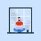 Young man sits on a windowsill and work with laptop. Flat vector illustration.