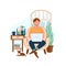 Young man sitting in a chair with laptop working from home. Home office concept. People who study or work at home. People at home