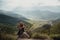 Young man sitting on the cliff and looking on the valley